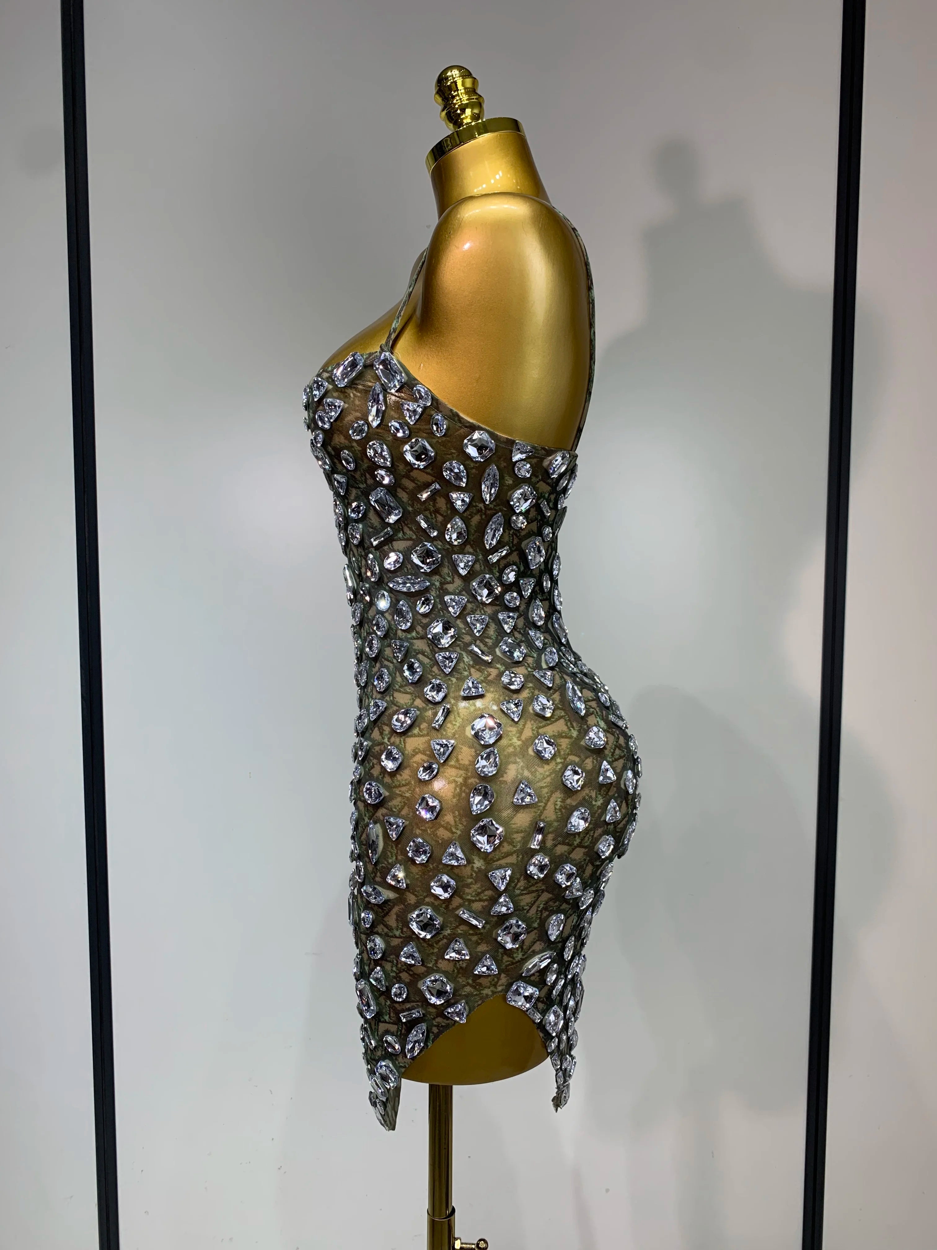 Luxury Diamond Mesh See Through Stretch Bodycon Dress Women Sexy Sleeveless Evening Party Birthday Celebrate Perform Costume