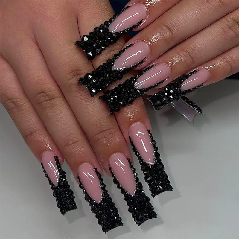 24Pcs Pink Press on Fake Nails Long Coffin with Love Broken Diamond Pearl Bowtie Design French Fake Nails Full Cover Nail Tips