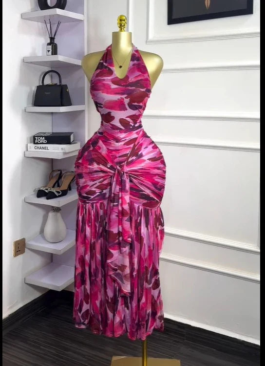 CM.YAYA Women Halter Neck Backless Ruched Stacked Sleeveless Mesh Long Maxi Dress 2025 Birthday Even Sexy Party Dresses Vestidos Fuchsia