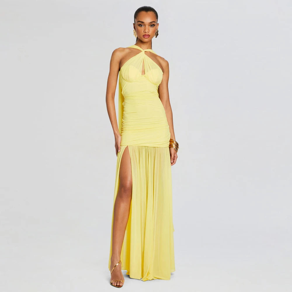 Yellow Color Women Sexy Halter Off the Shoulder Bodycon Long Mesh Dress Fashion Birthday Party Celebrate Girls' Homecoming Dress