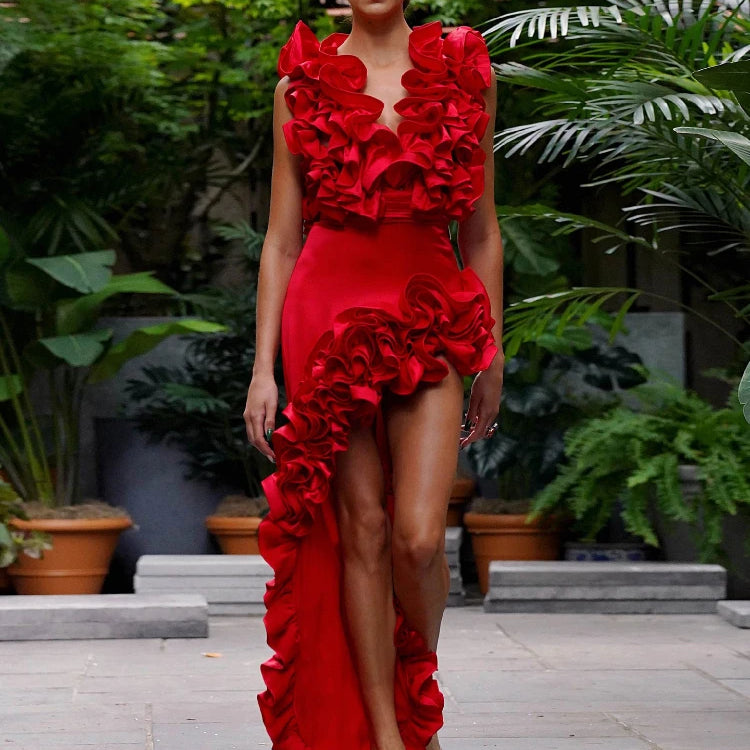 CM.YAYA Women Sets Streetwear 2 Two-piece Suits Sexy Beach Holiday Ruffles Asymmetrical V-neck Bodysuit+Long Skirts Bikinis Sets