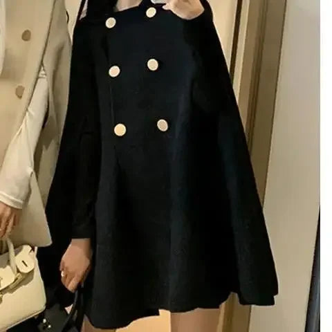Fashion Woolen Poncho Coats for Women Autumn Winter Solid Cape Cloak Coat Loose Overcoat Female Double Breasted Lapel Jackets Black