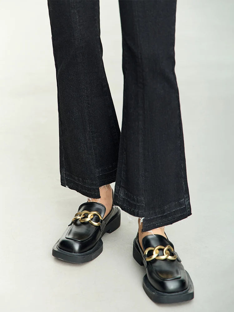 Minimalist Black Women Jeans Autumn Slim Ankle-length New Pants Asymmetrical Flare Retro Casual Trousers