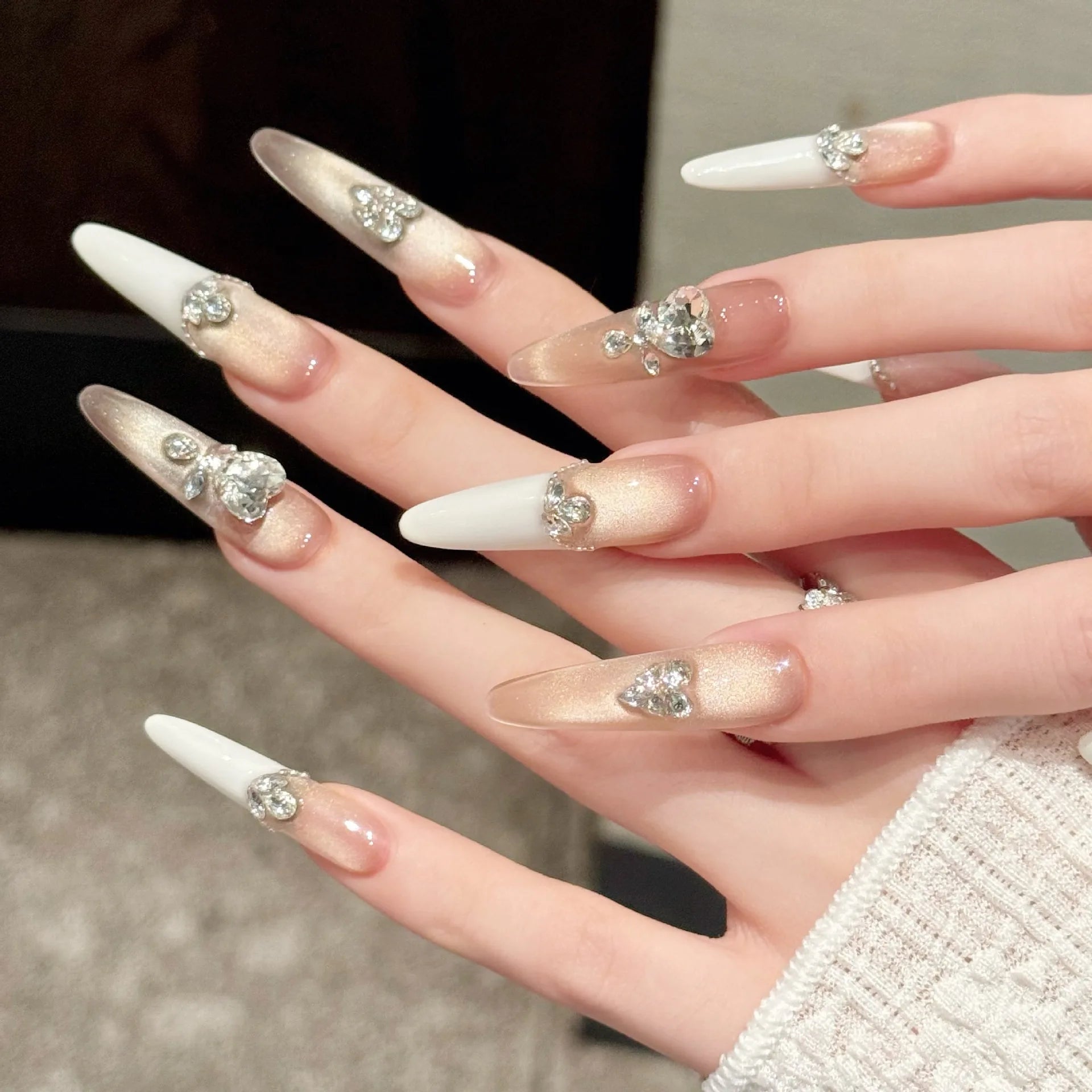 10pcs French Handmade Fake Nail Tips Diamond Design Cat's Eye Long Ballet False Nail Art Finished Wearable Coffin Press on Nails