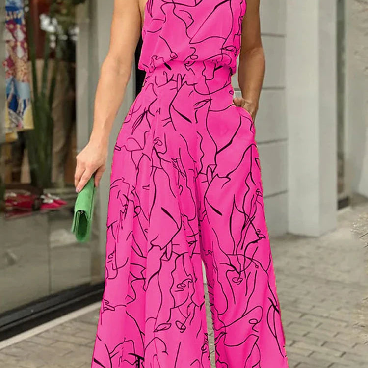 Women's Elegant Waist Halter Jumpsuit Casual Print Tie Sleeveless Wide Leg Long Pant Summer Clothing Rose red