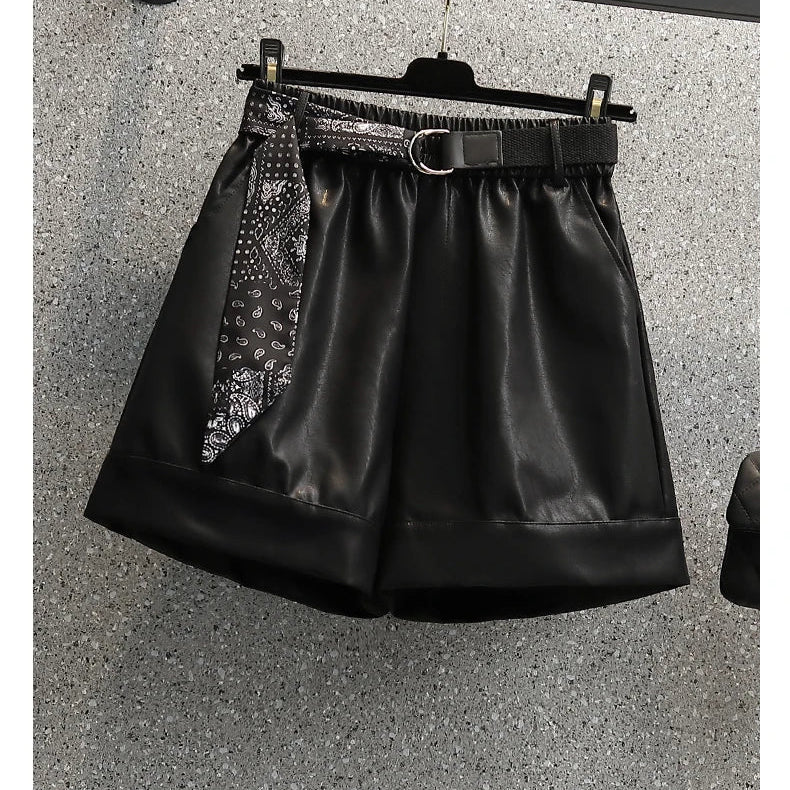 Plus Size Y2K PU Shorts For Women Loose Casual Elastic Waist Leather Mini Shorts Pant Female Large 3XL 4XL Clothing Free Ship black