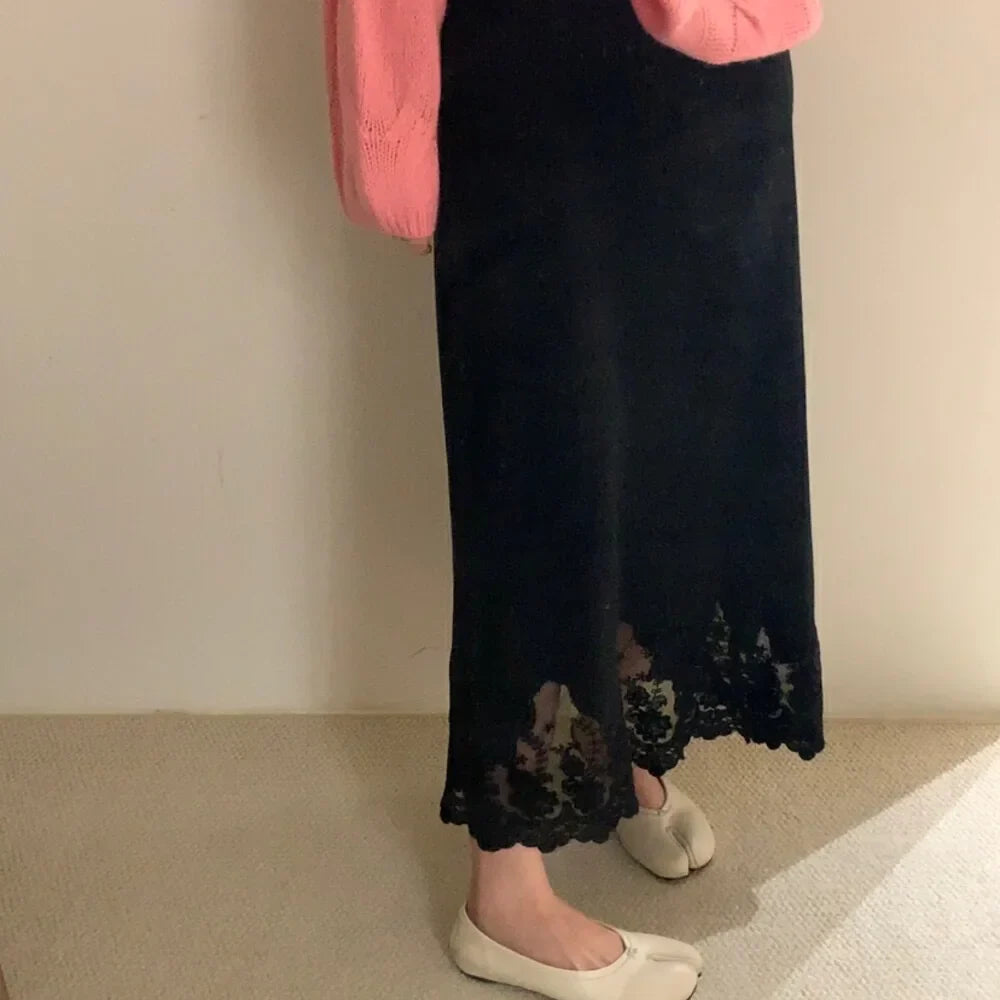 Patchwork Lace Skirts Women Fashion Knitted Jupe 2023 Faldas Mujer De Moda High Waist Tunic Saia Vintage Temperament Long Skirt black One Size