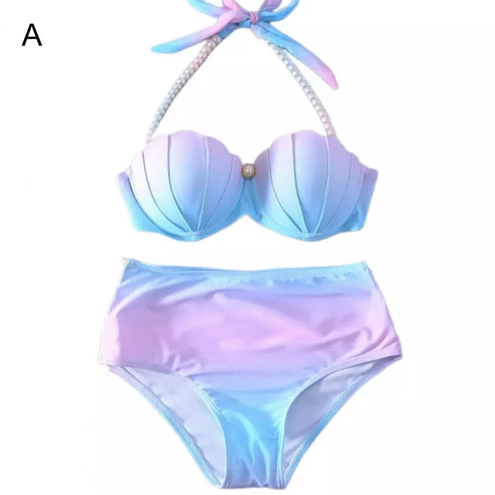 2Pcs/Set Split Bikini Gradient Color Shell Appearance Two-piece High Stretch Off Shoulder Swimwear for Beach A