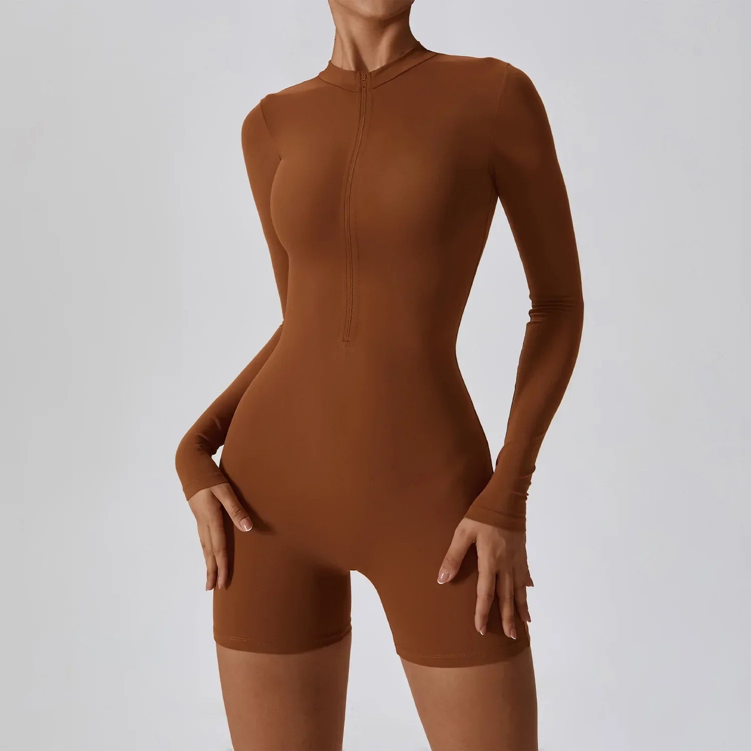 Yoga Jumpsuit Women Seamless Sports Zipper Jumpsuit Set Gym Long Sleeve Fitness Suit Elastic Gym Workout Bodysuit Athletic Wear coffee 4