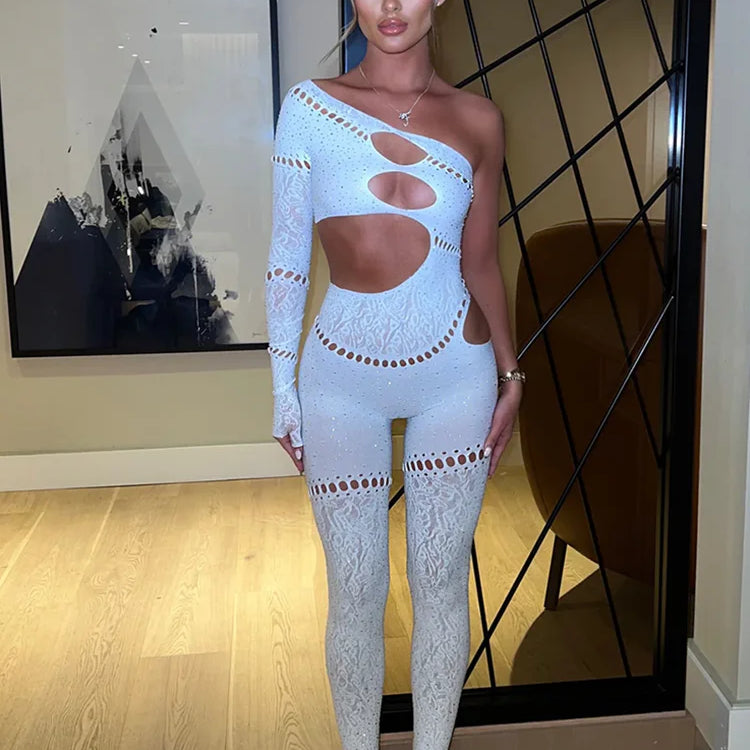 Sibybo Sexy Single Rotator Cuff Hollow Out High Elastic Jumpsuit Luminous Rhinestones Solid Color Trousers Spicy Girl Streetwear