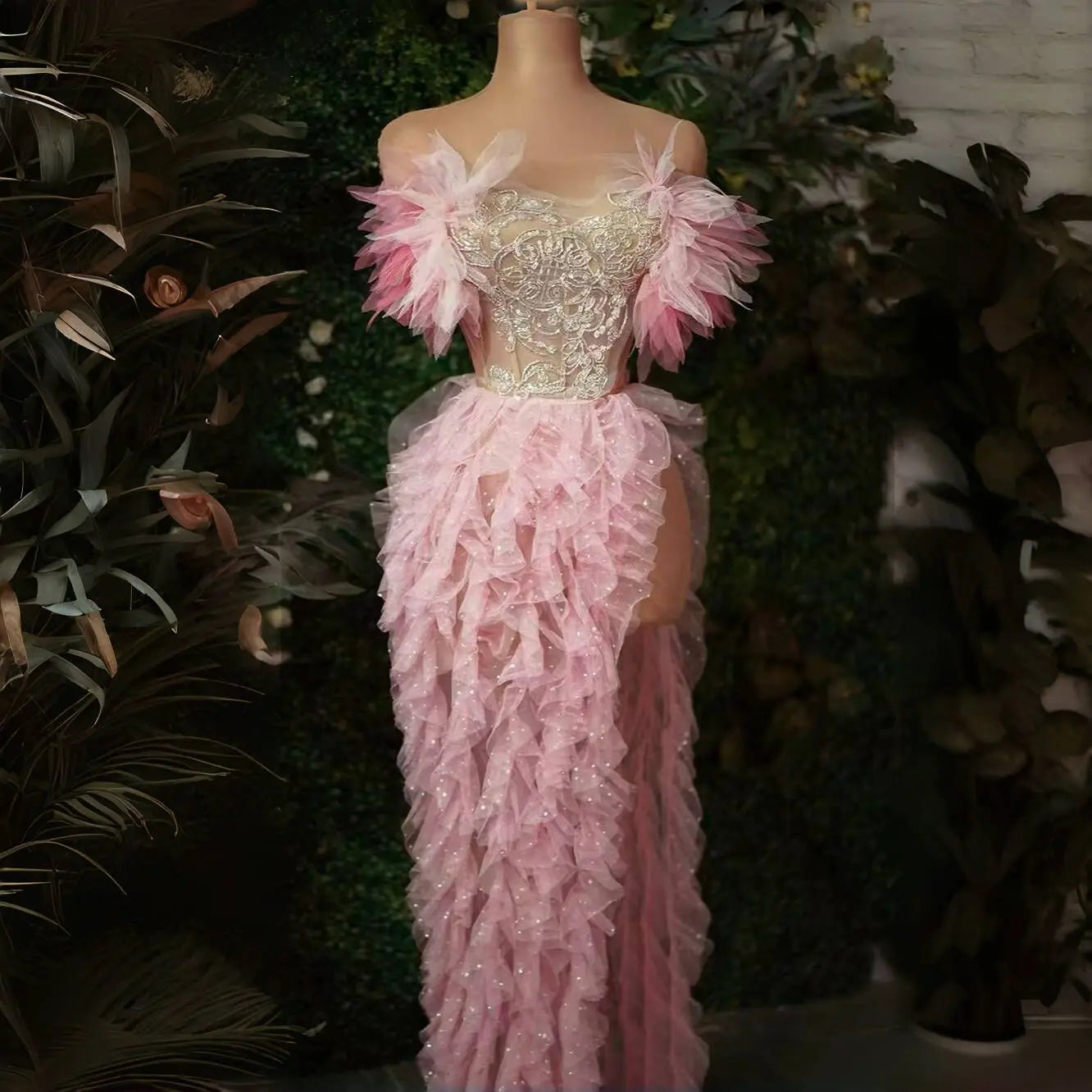 Fashion Women Sexy Strapless Ruffles 2 Pieces Bodycon Long Dress Celebrate Nightclub Party Performance Costume