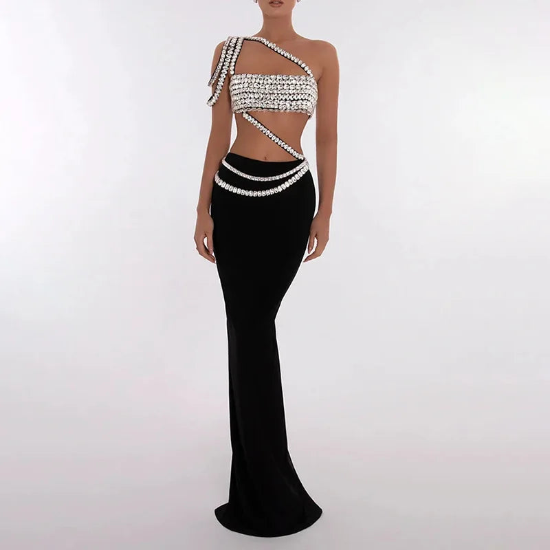 Black Color Women Sexy 2 Pieces Bodycon Long Bandage Dress Big Crystal Fashion Nightclub Party Celebrate Dress