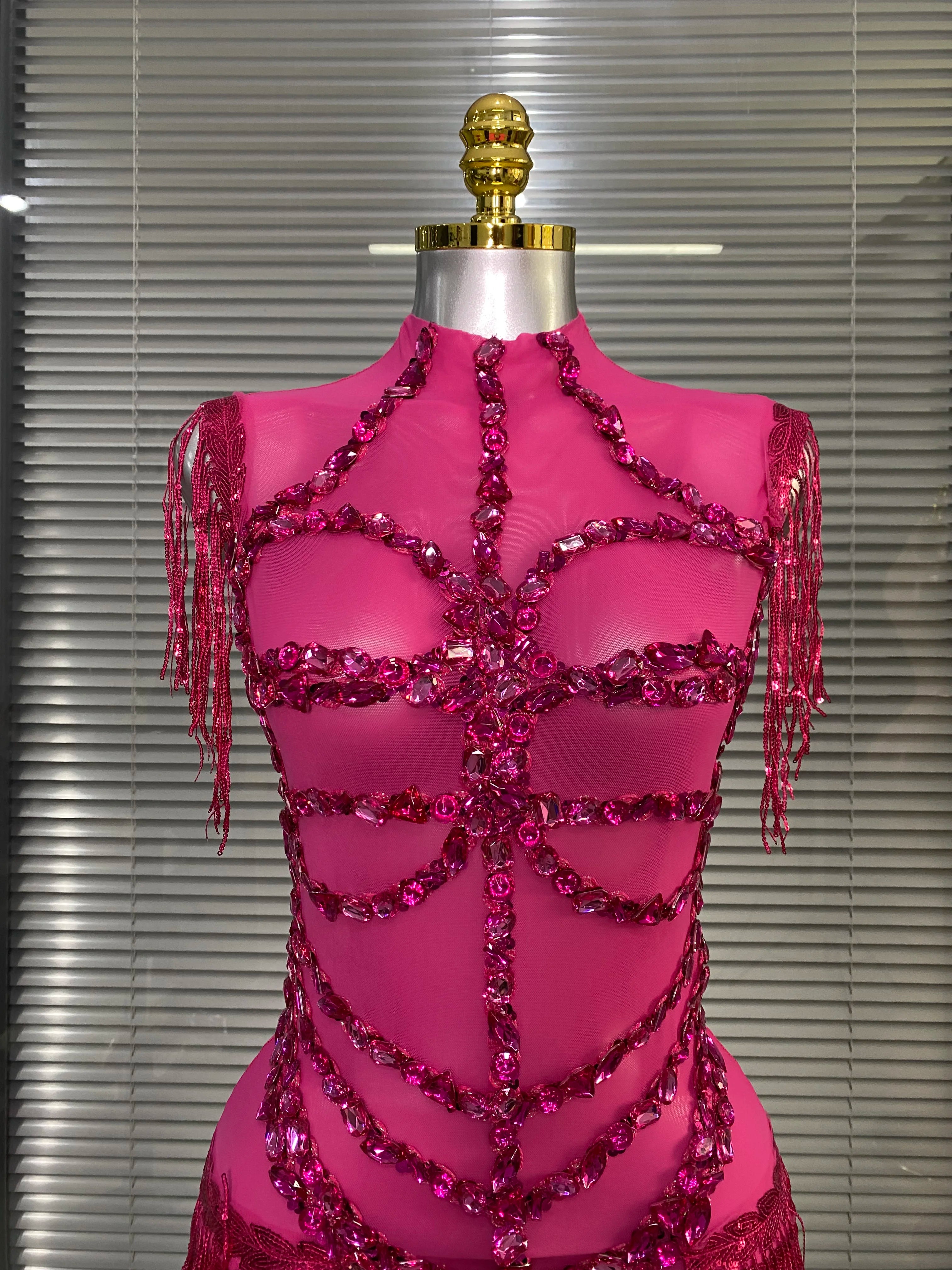 Women Sexy Tassel Crystal Diamonds Stretchy Night Club See Through Singer Dancer Stage Costume Hot Pink Party Bodysuit