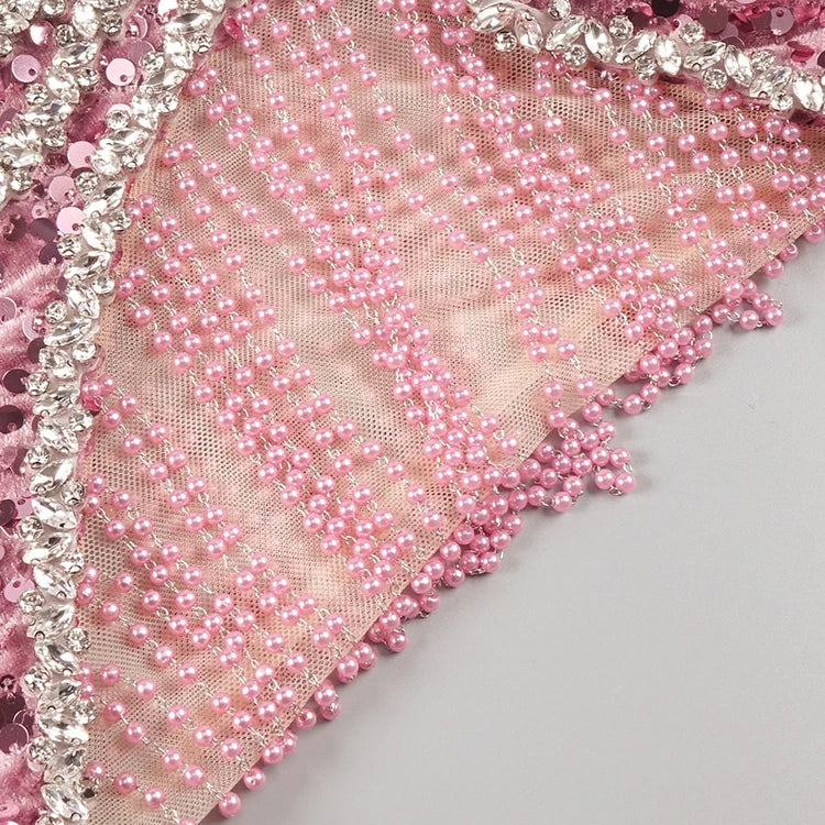 VC Pink Sparkly Sequins Long Dress Pearls Chains Design Off the Shoulder Long Sleeves Formal Occasion Mermaid Party Evening Gown