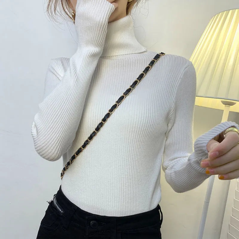 Winter Turtleneck Women's Sweater Knitted Pullover Soft Slim Long Sleeve Top Solid Color Basic High Neck Jumper Woman Clothing white-High neck One Size(40-65kg)