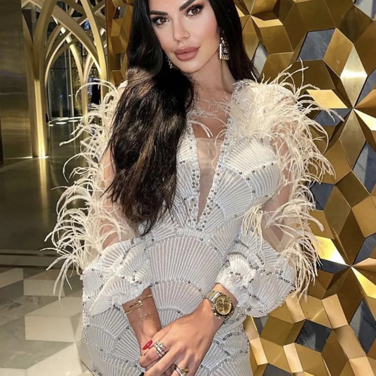 Women Summer Sexy Long Sleeve Beige Sequins Mesh Pearl Feather Mini Bodycon Gowns Dress 2023 Elegant Evening Party Club Dress