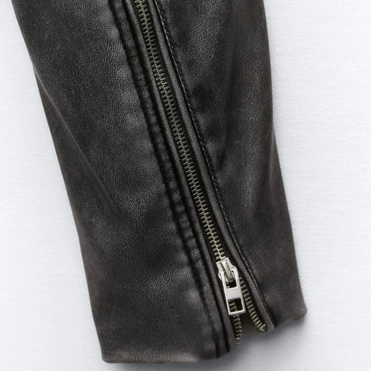 Women's PU Leather Short Jacket Coats Lapel Collar Long Sleeves Distressed Faux Leather Biker Jacket Female Chic Outerwear