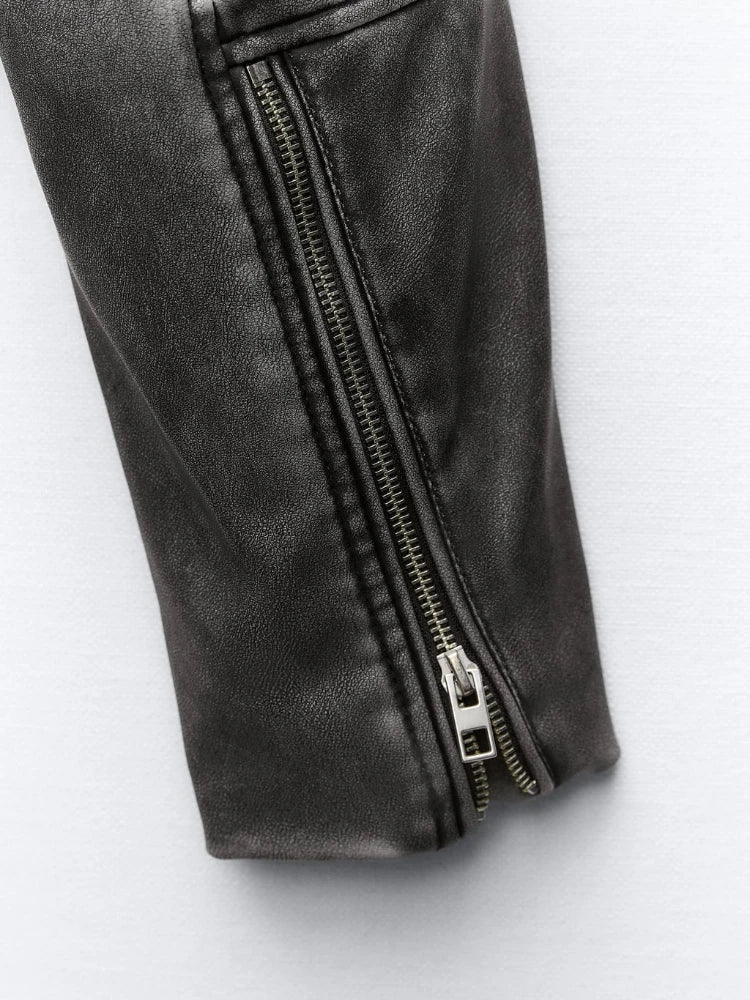 Women's PU Leather Short Jacket Coats Lapel Collar Long Sleeves Distressed Faux Leather Biker Jacket Female Chic Outerwear
