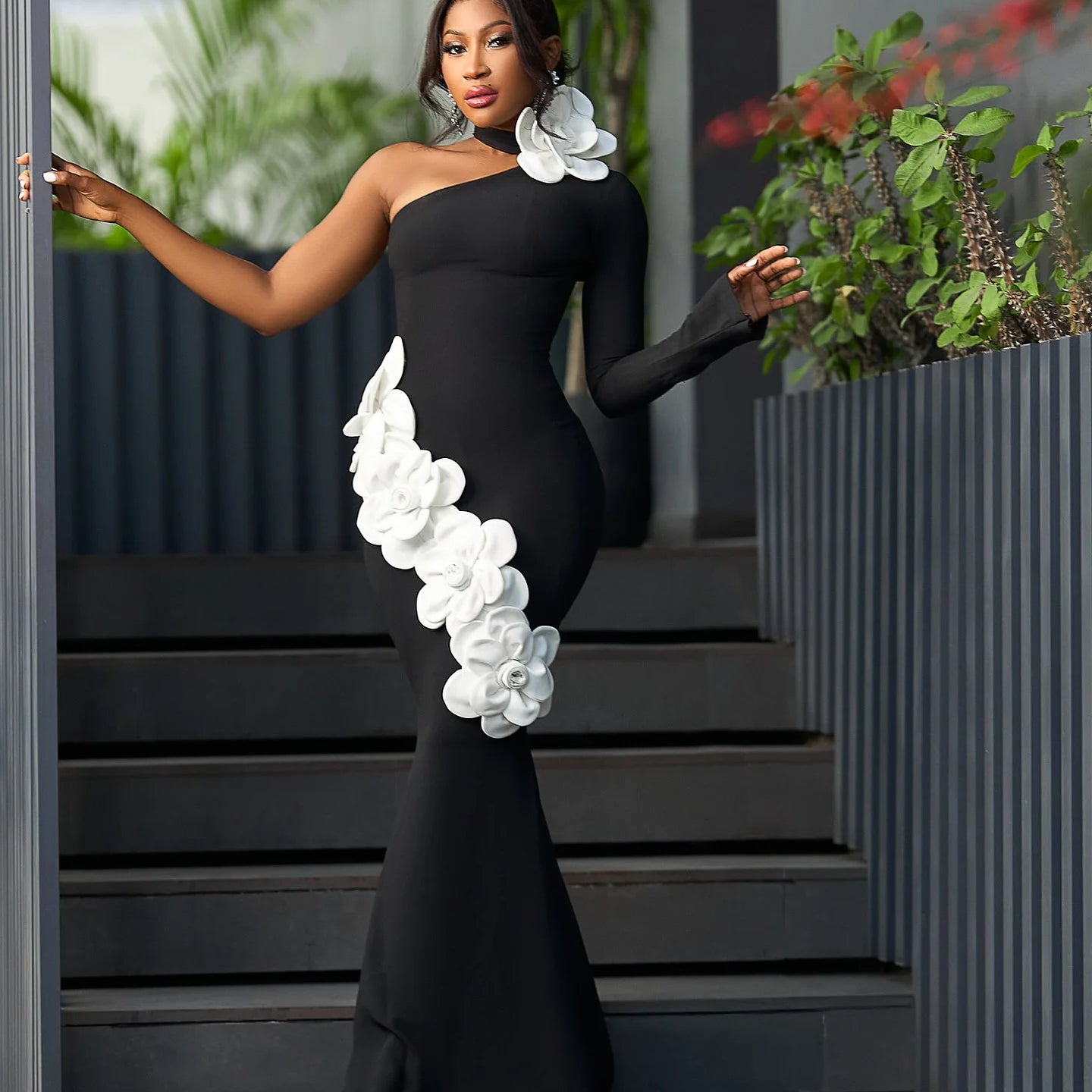 High Quality Women Sexy One Sleeve White Florals Bodycon Long Bandage Dress Fashion Nightclub Party Cocktail Outfit Vestido