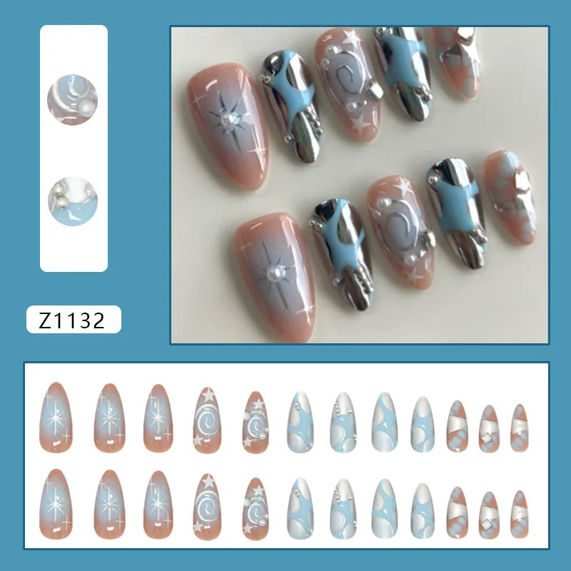 24pcs 3D Starburst Irregular Lines Pearl Press on Nails Rhinestones Full Coverage Nail Tips for Women&Girl Detachable Nail Art