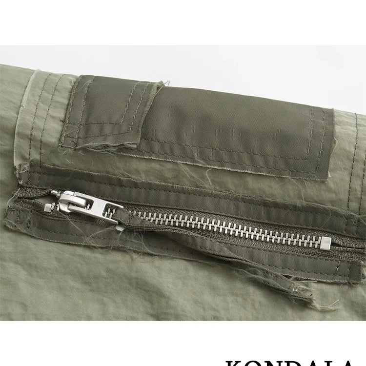 Streetwear Armygreen Bomber Jackets Women Patchwork Zipper Pockets Oversized Jackets Fashion 2024 Autumn Winter Coats