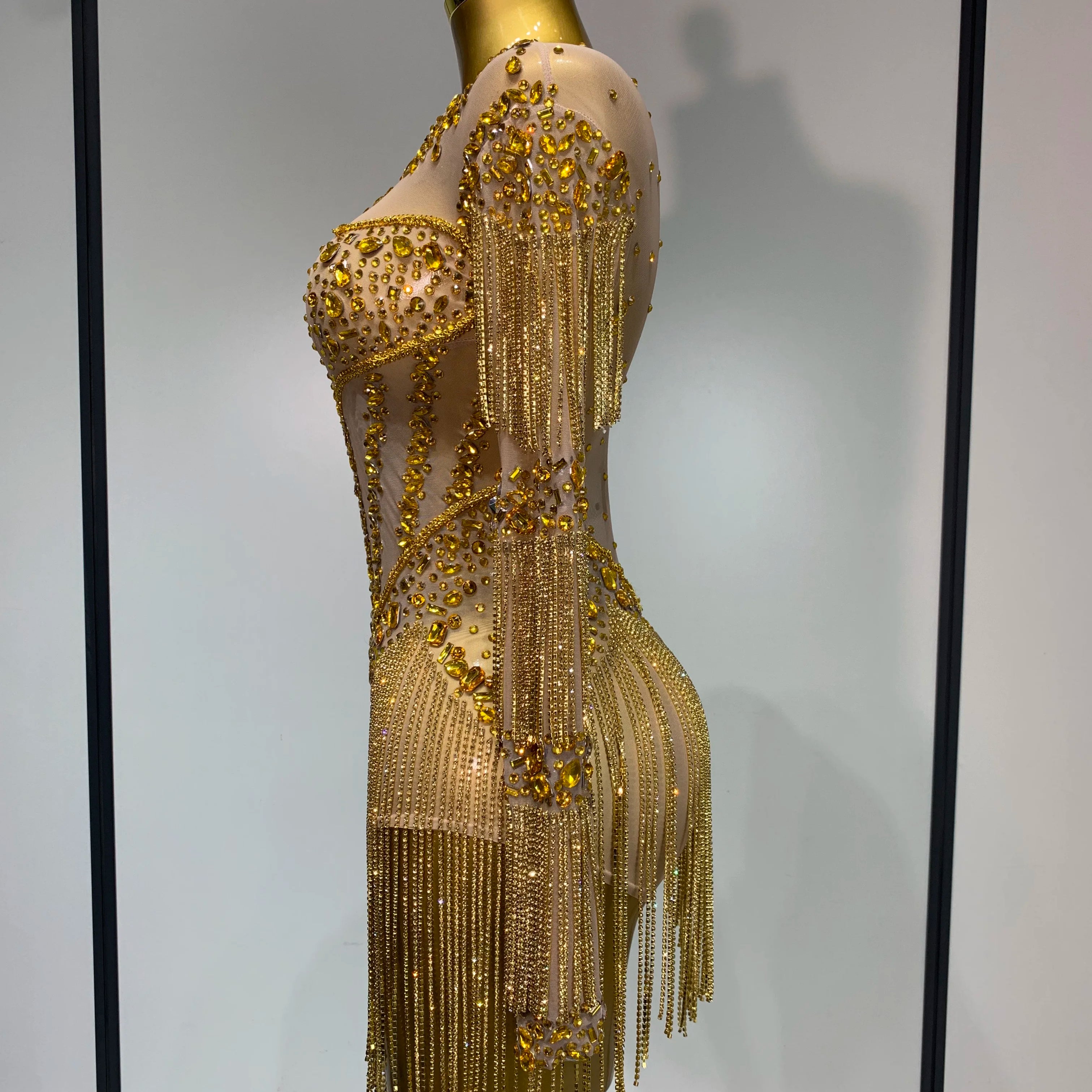 Luxury Birthday Evening Party Gown Sparkly Rhinestone Bodysuit Women Sexy Mesh See Through Performance Dance Stage Costume