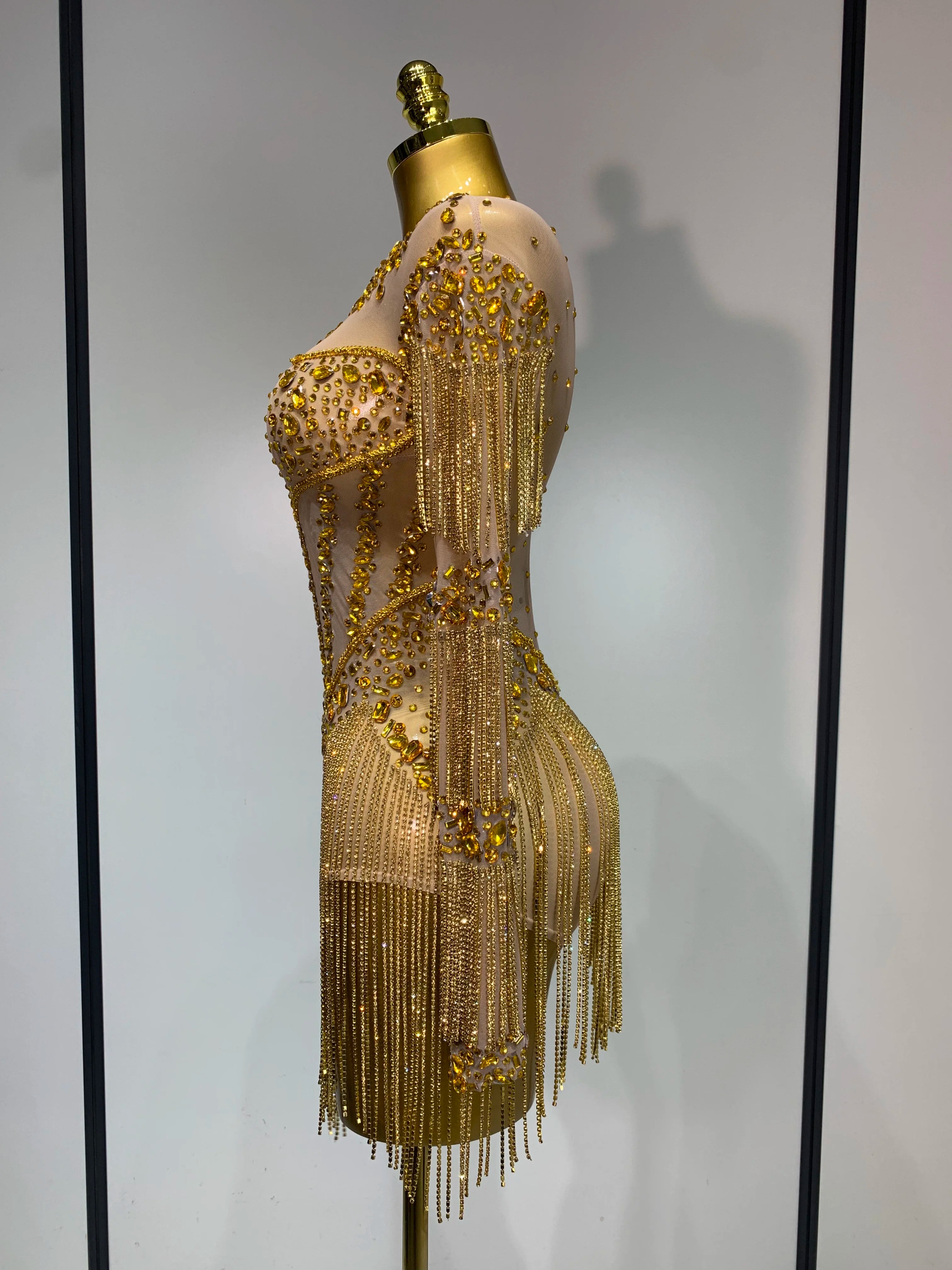 Luxury Birthday Evening Party Gown Sparkly Rhinestone Bodysuit Women Sexy Mesh See Through Performance Dance Stage Costume