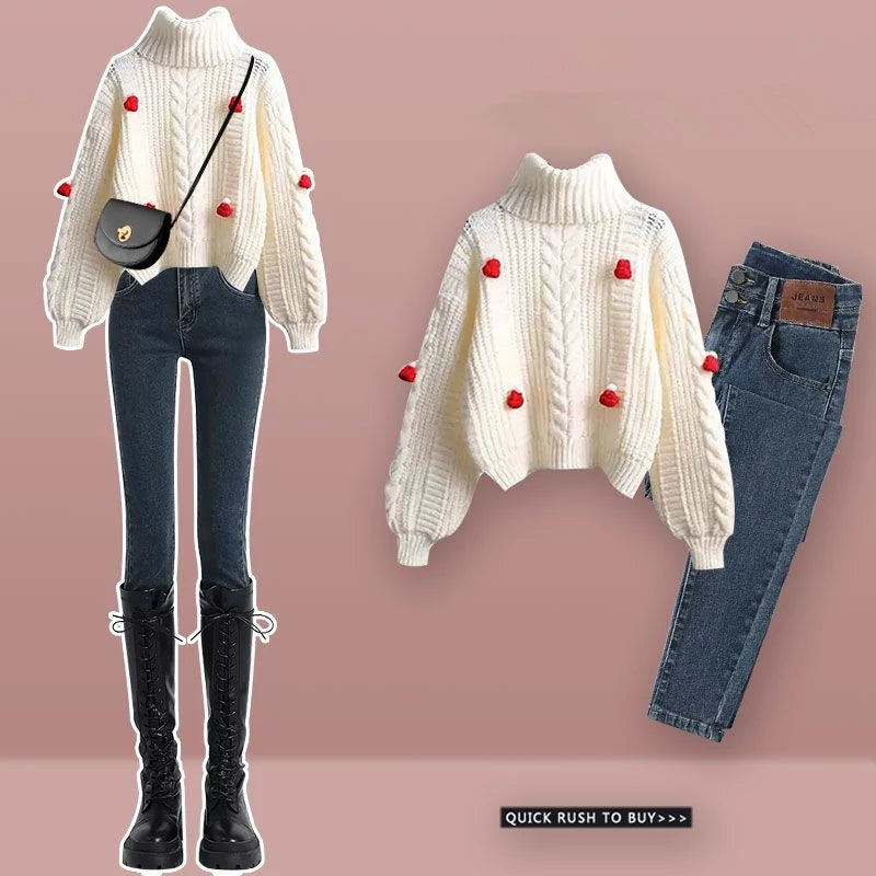 Women Fashion Red Pompom Turtleneck Sweater Pants 1 or 2 Piece Set 2023 Christmas Knit Tops Trouser Outfits Lady Daily Knitwear Set B