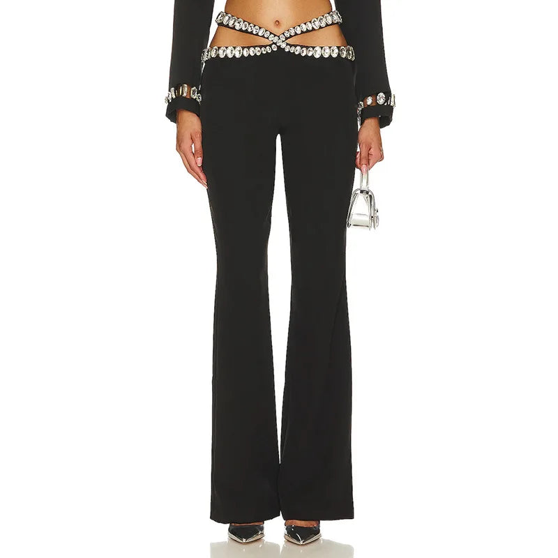 Fashion Bandage Crystal Bodycon Pants Women Sexy High Street Casual Celebrate Nightclub Party Pants
