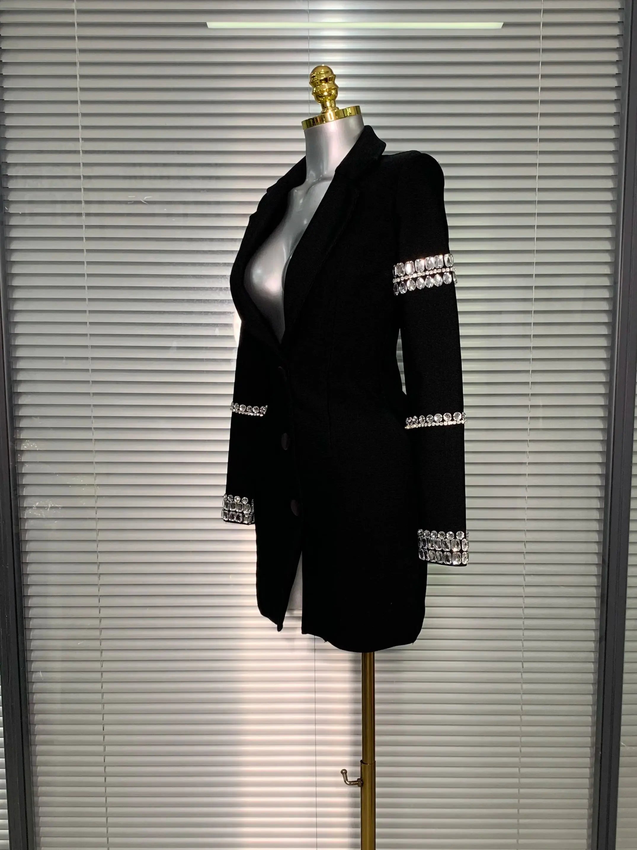 Brand New 2025 Women Sexy Deep V Neck Long Sleeve Beaded Blazer Bandage Dress Elegant Evening High Street Party Dress