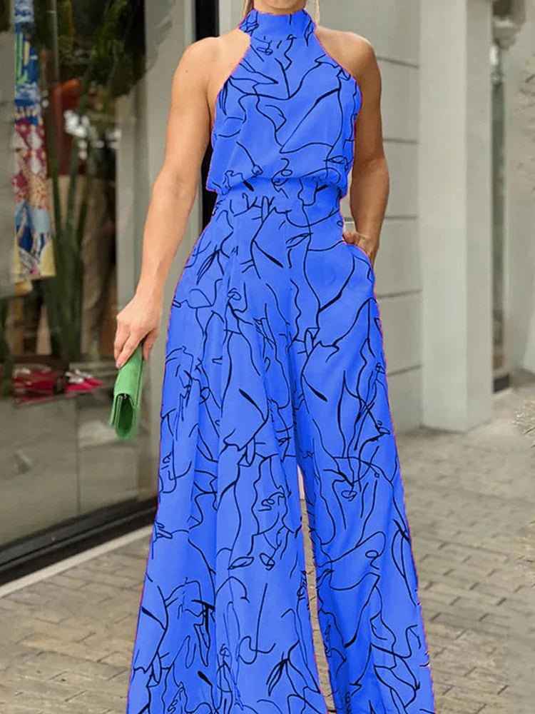 Women's Elegant Waist Halter Jumpsuit Casual Print Tie Sleeveless Wide Leg Long Pant Summer Clothing Blue