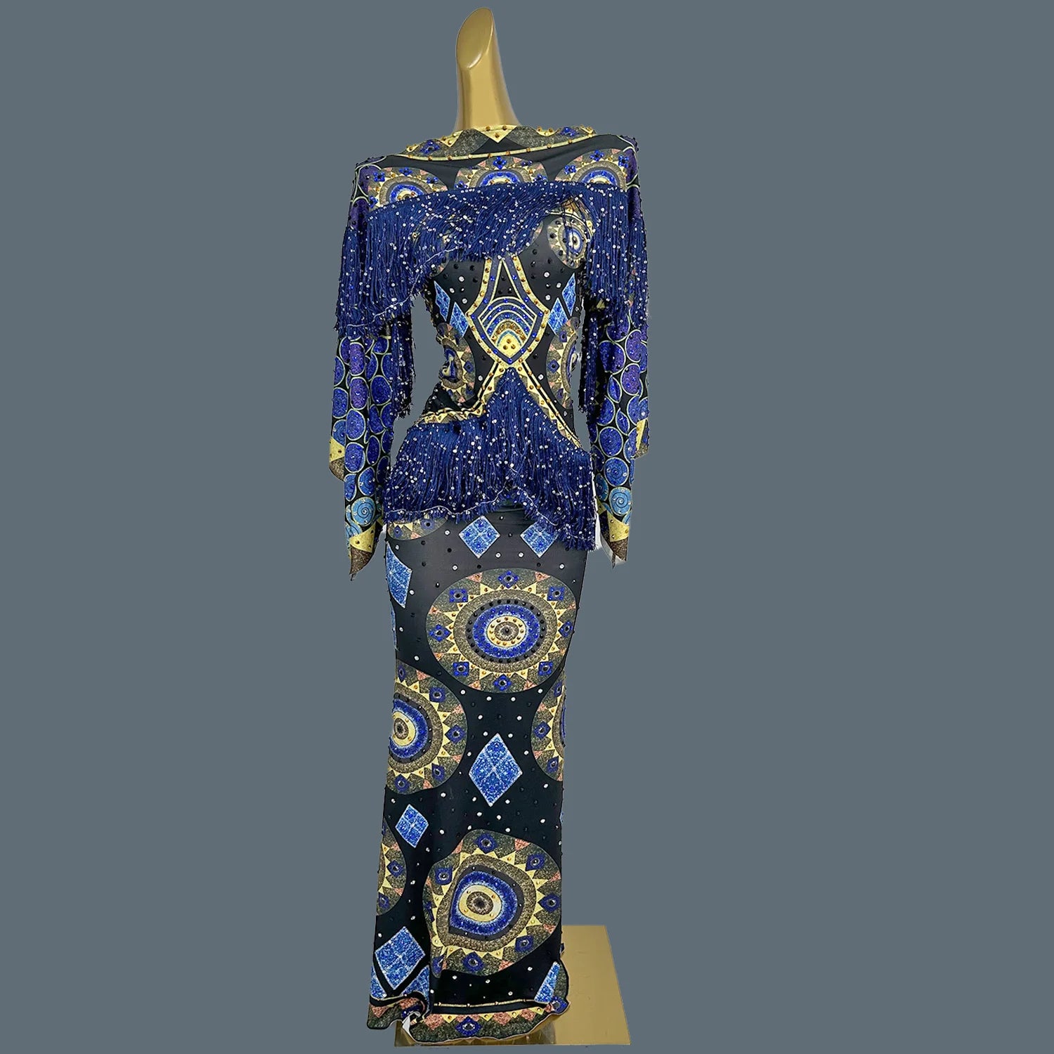 Spandex Bodycon Evening Gown Printing Tassel Long Dress Birthday Celebrate Party Queen Outfit Festival Event Couture Chengbao