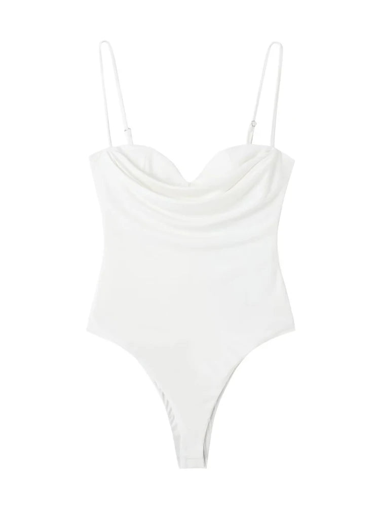 Women Fashion With Sweetheart Neck Draped Bodysuits Vintage Backless Zipper Thin Straps Female Playsuits Mujer as picture 1