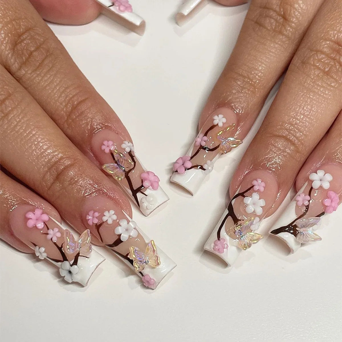 24pcs/set short medium fake nails beautiful flowers design fall winter square ballet acrylic tips press on false nail art supply