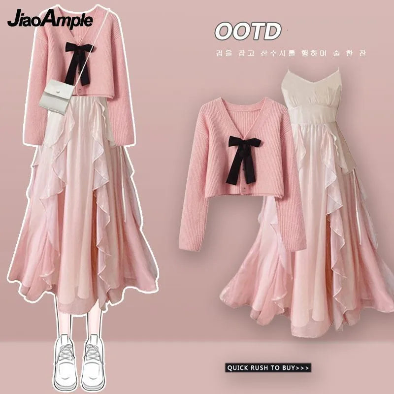Women's Spring Autumn Fashion Cross Knitted Sweater+Strap Dress Two Piece Korean Elegant New in Matching Set Femlae Skirt
