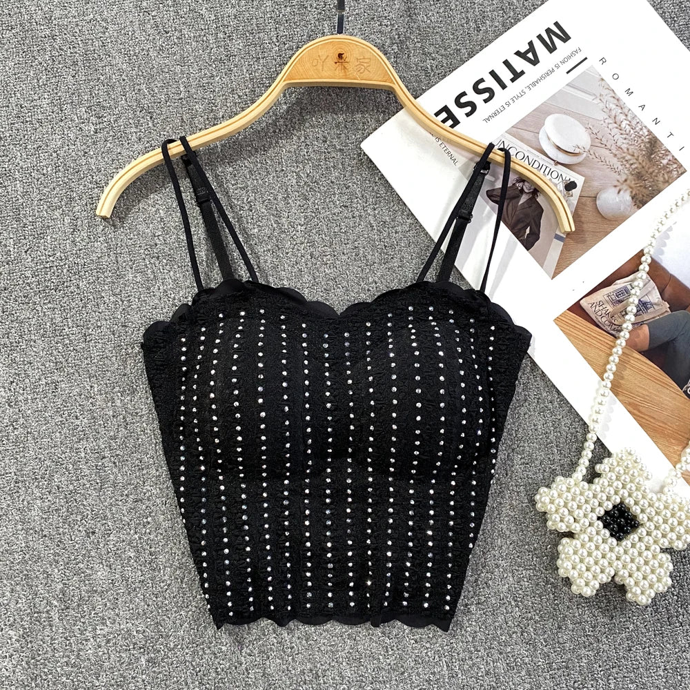 Chic Glitter Sequins Lace Camis Sexy Backless Korean Fashion Tank Top Slim Bustier Summer Women Party Club Crop Top Streetwear