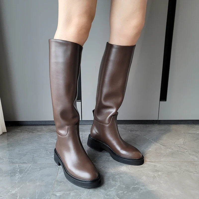 FEDONAS Ins Genuine Leather Knee High Boots For Women Thick Heeled Autumn Winter Warm Shoes Woman High Motorcycle Boots