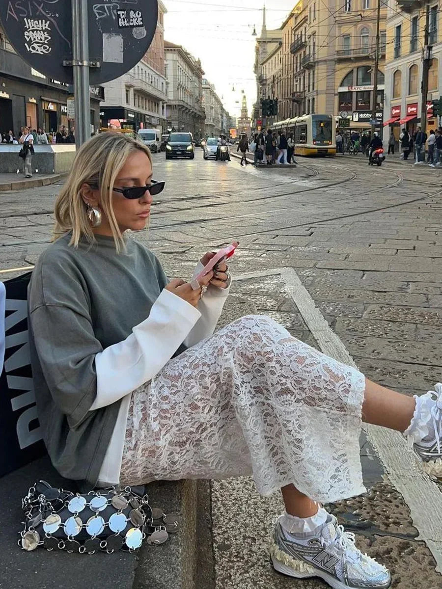 DSMTRC Woman Summer New A-Line Maxi Skirt High Waist Female Sexy Perspective White Lace Jacquard Vacation Beach Style Skirt