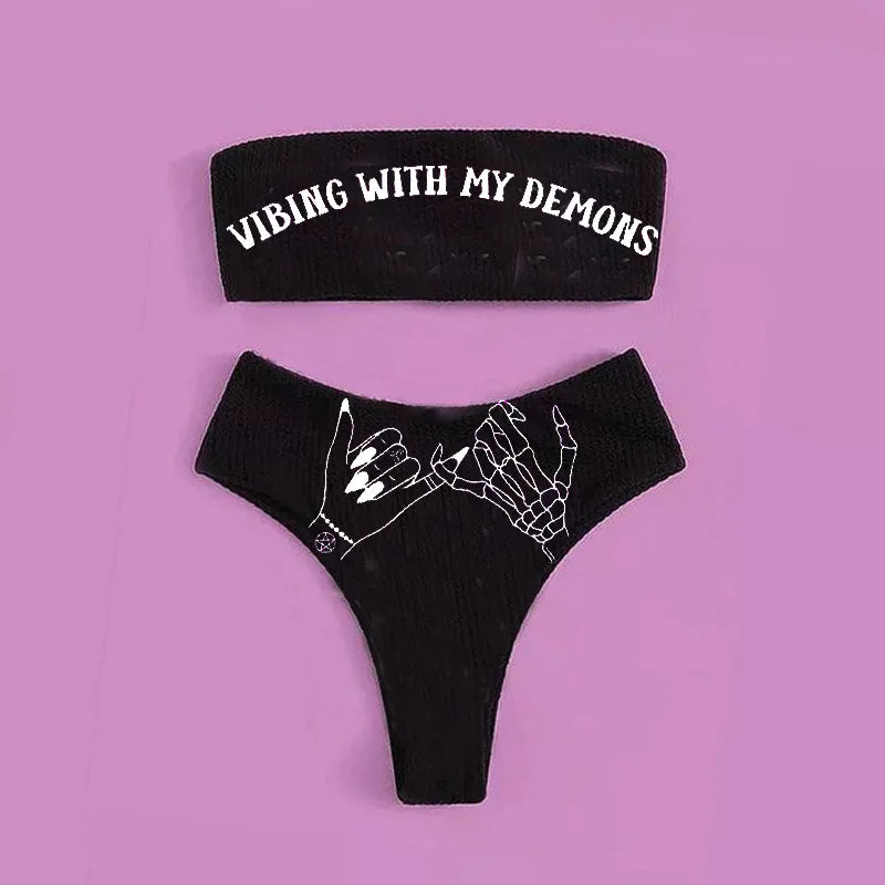 Sexy Goth Bikini 2023 Women Letters Skull Print Swimsuit Split Bathing Suit High Waist Gothic Bikinis Sets Beach Outfits 7