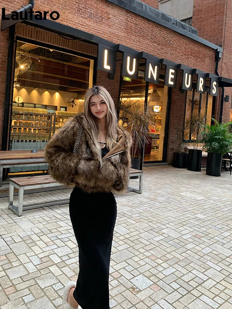Autumn Winter Chic Luxury Short Soft Thick Warm Hairy Shaggy Faux Fur Coat Women with Hood Zipper Fluffy Jacket 2024