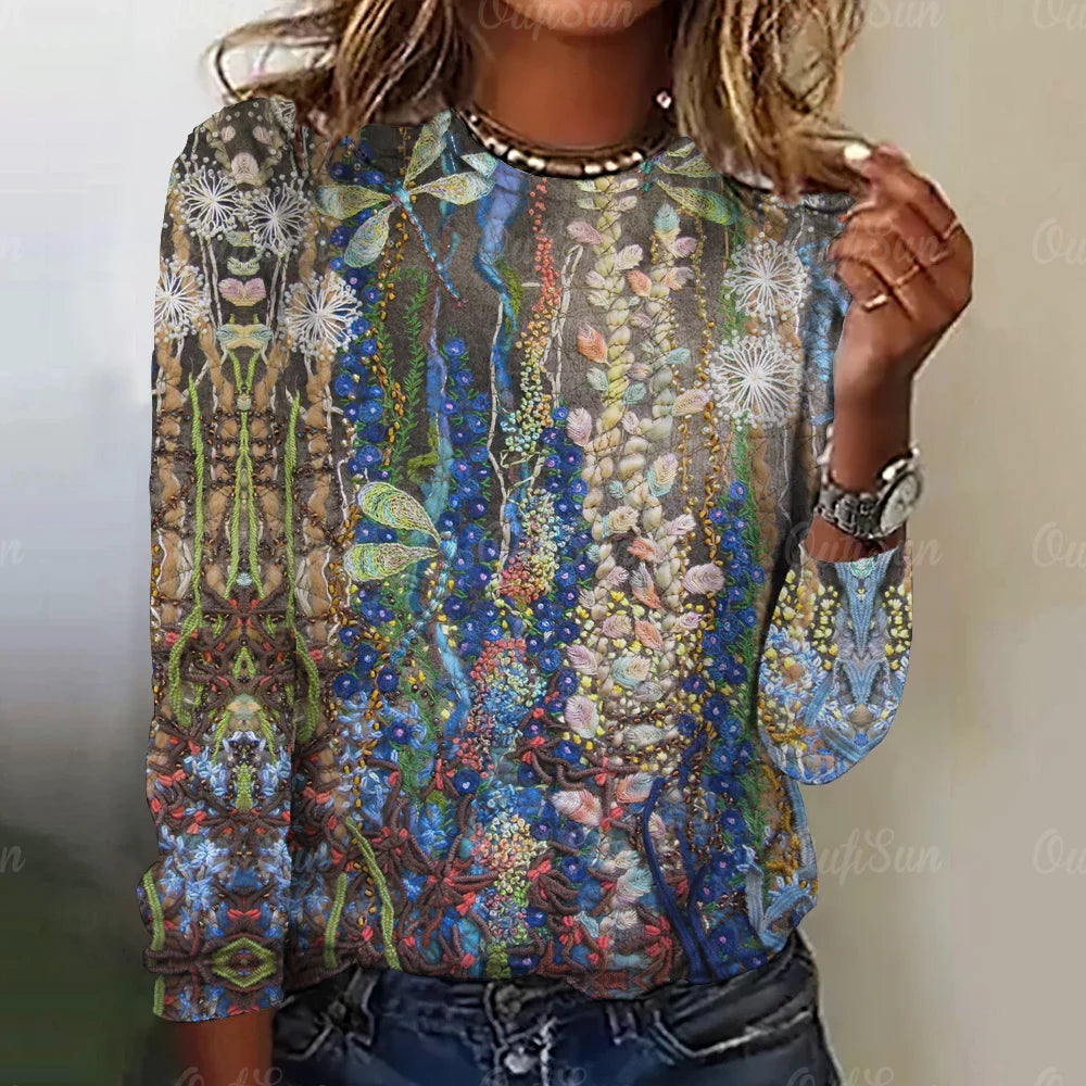 Paisley Print Top Women Long Sleeved Streetwear Summer Vintage Tee Women's Fashion O Neck T Shirts Y2k Oversized Female Clothing W010203-SM16938