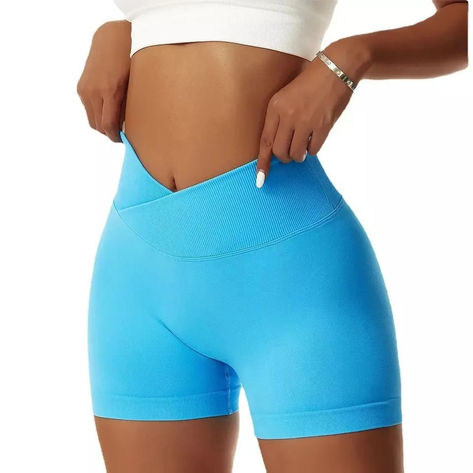 STOUREG Summer V-Waist Yoga Sport Shorts for Women,Peach Hip Sport Tights Triple Biker Workout Gym Clothing Seamless Shorts Lake Blue