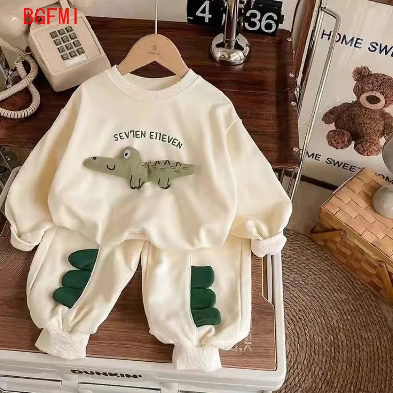 90-130cm Children's Spring Autumn Winter Cotton Set Boys Girls Cartoon Two Piece Set Korean Sweater +Pant Baby Clothes Outfits Apricot