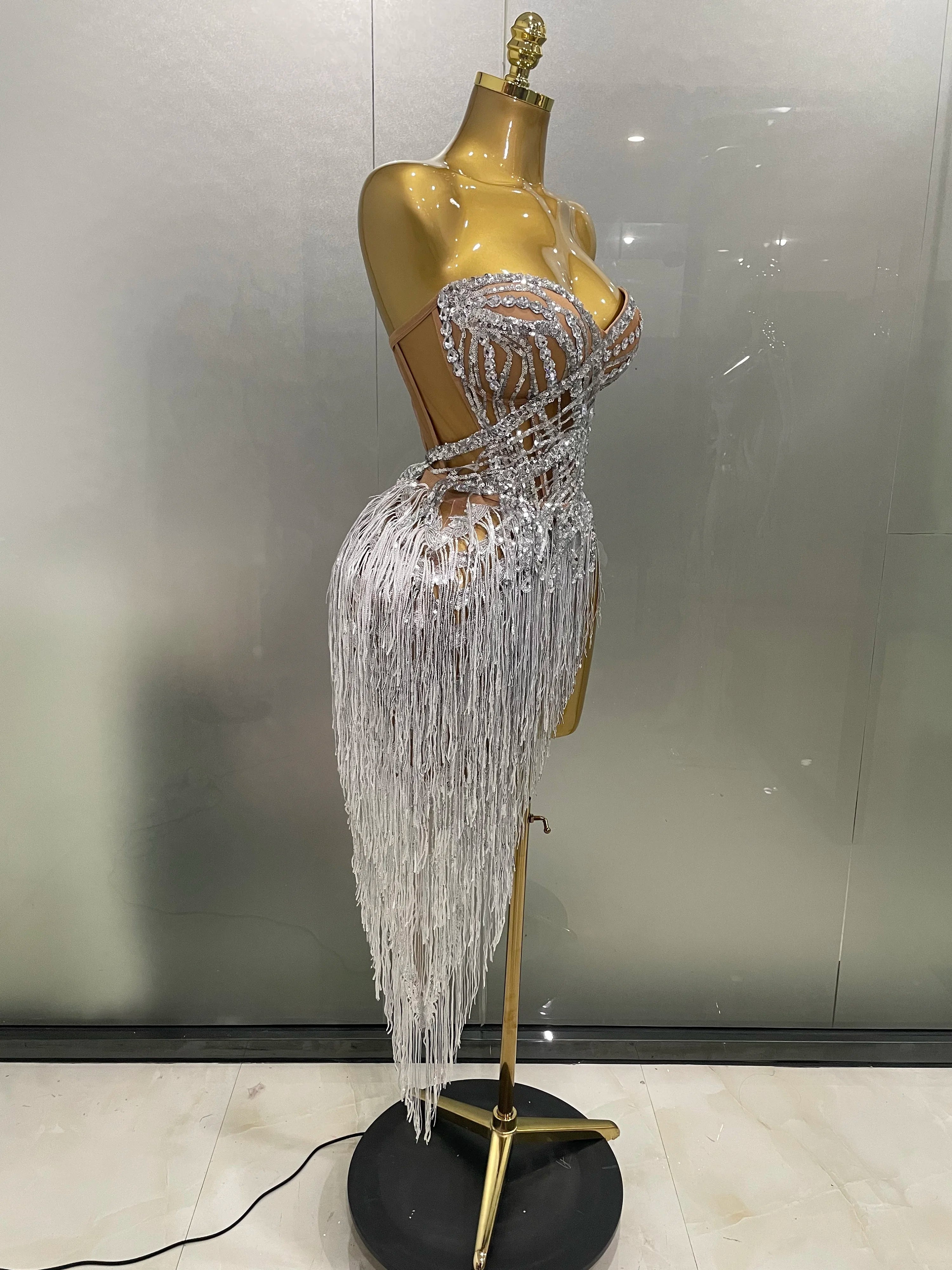 2025 New Sparkly Rhinestone Sequin Tassel Sexy Mini Skirt Two Pieces Set Women Birthday Celebrate Party Nightclub Stage Costume