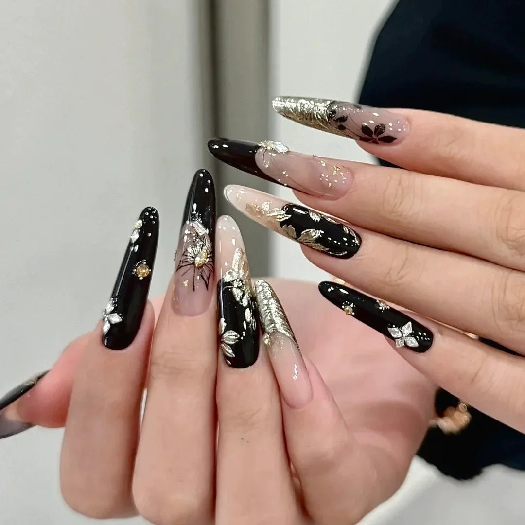 10Pcs Long Oval Head Handmade Summer Nails Set Cat Eye Blue Fresh Flower White Metal Butterfly Decoration Wearing Fake Nail Tips