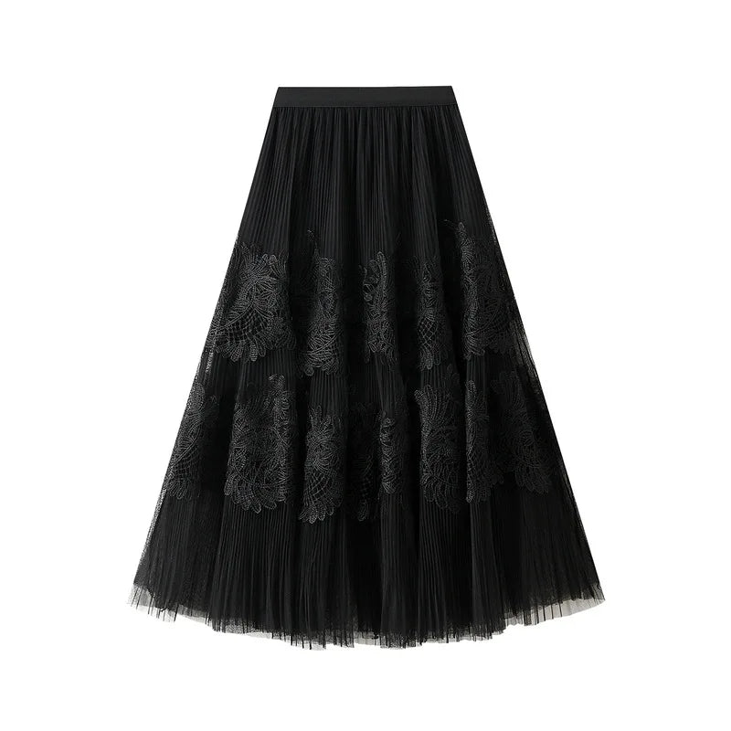 UCXQ New Products Sweet Cake Spliced Skirt Lace Pleated Mesh Large Hem A-line Skirts For Women New Spring Autumn 23A7001 Black One Size