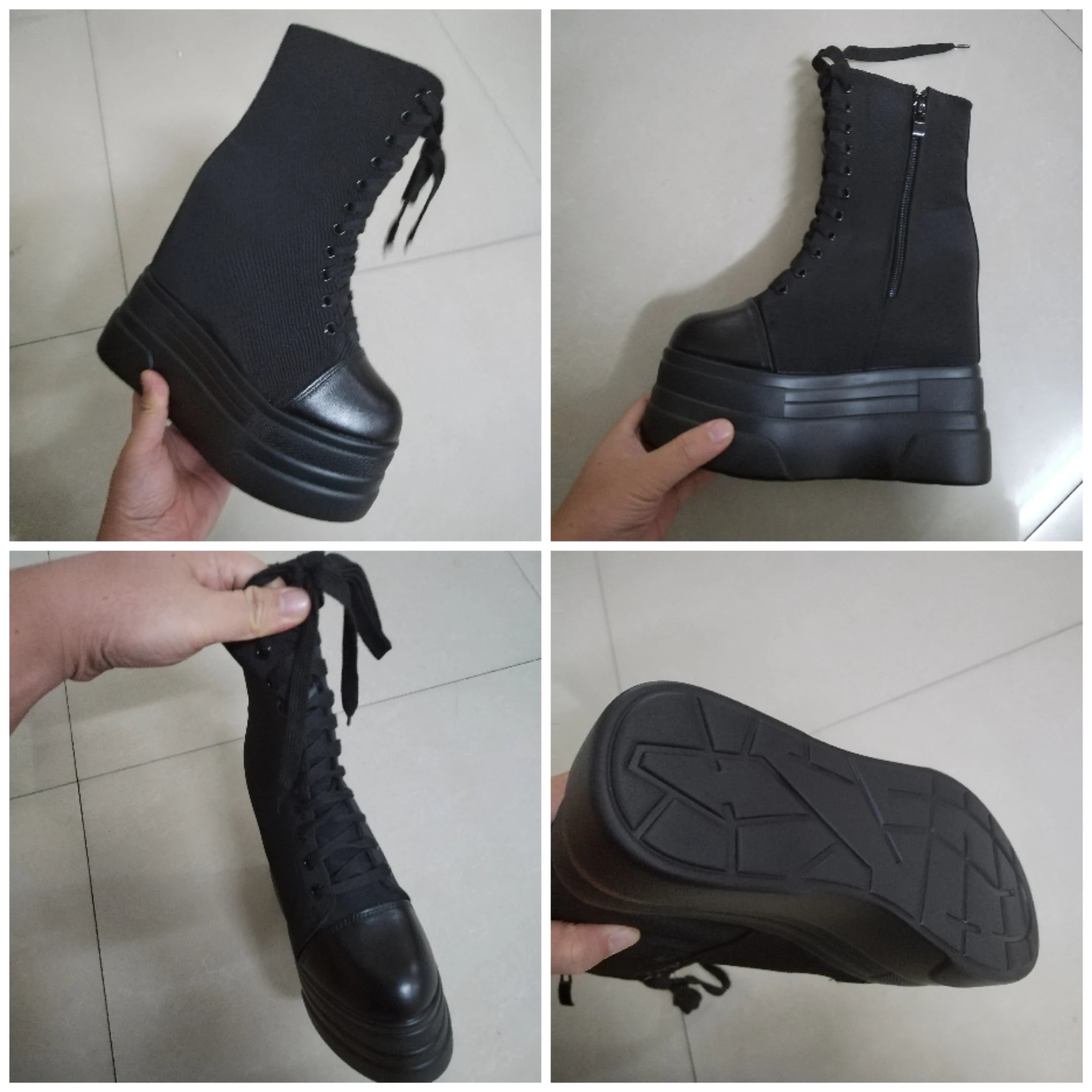 Fujin 14cm 2023 Denim Women Ankle Boots Platform Wedge Autumn Fashion Zip Super Hight Heel Women Fashion Lace Up Spring Shoes