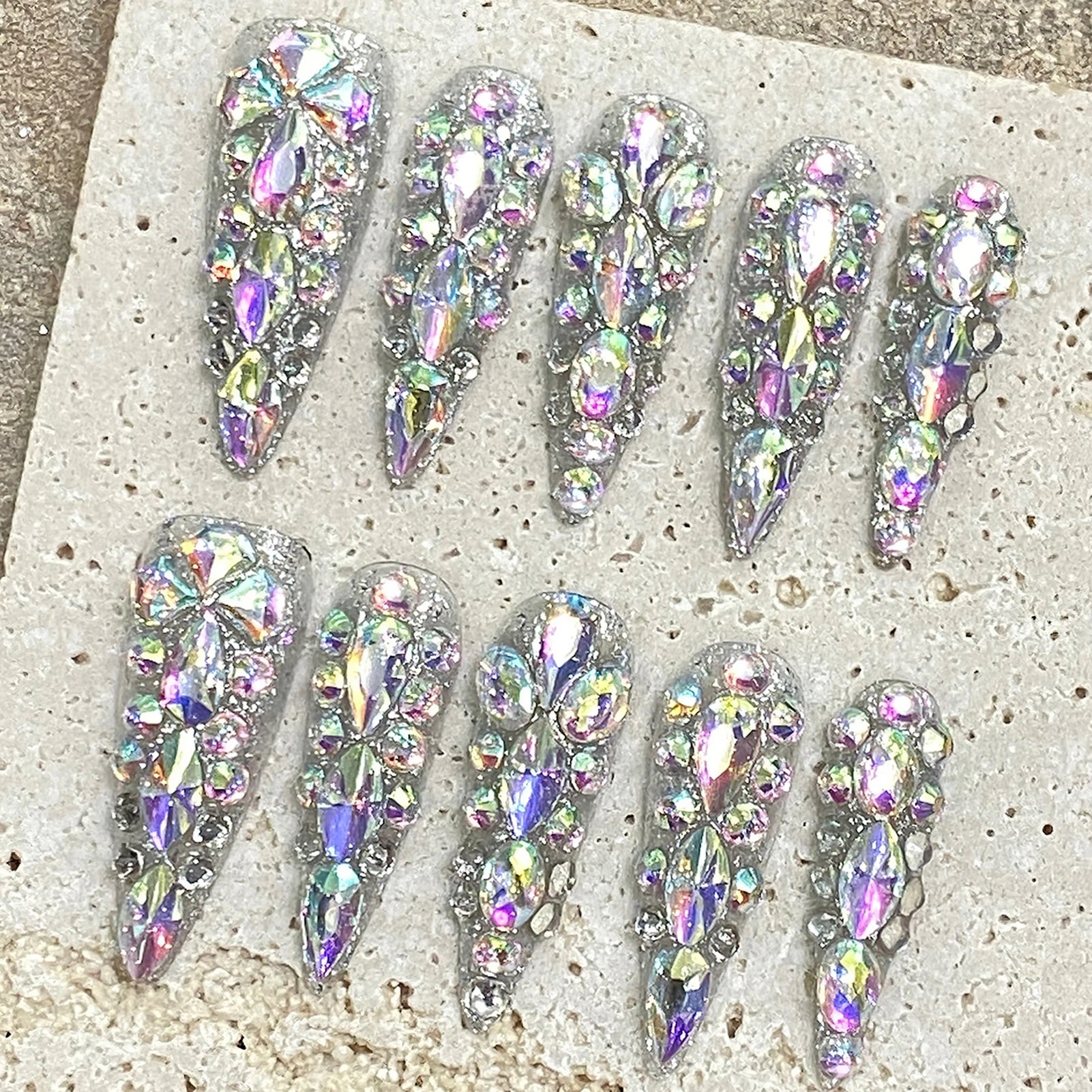 10 peças de pontas de unhas postiças super longas, leves, luxuosas, feitas à mão, com flash de diamante, unhas postiças europeias vestíveis