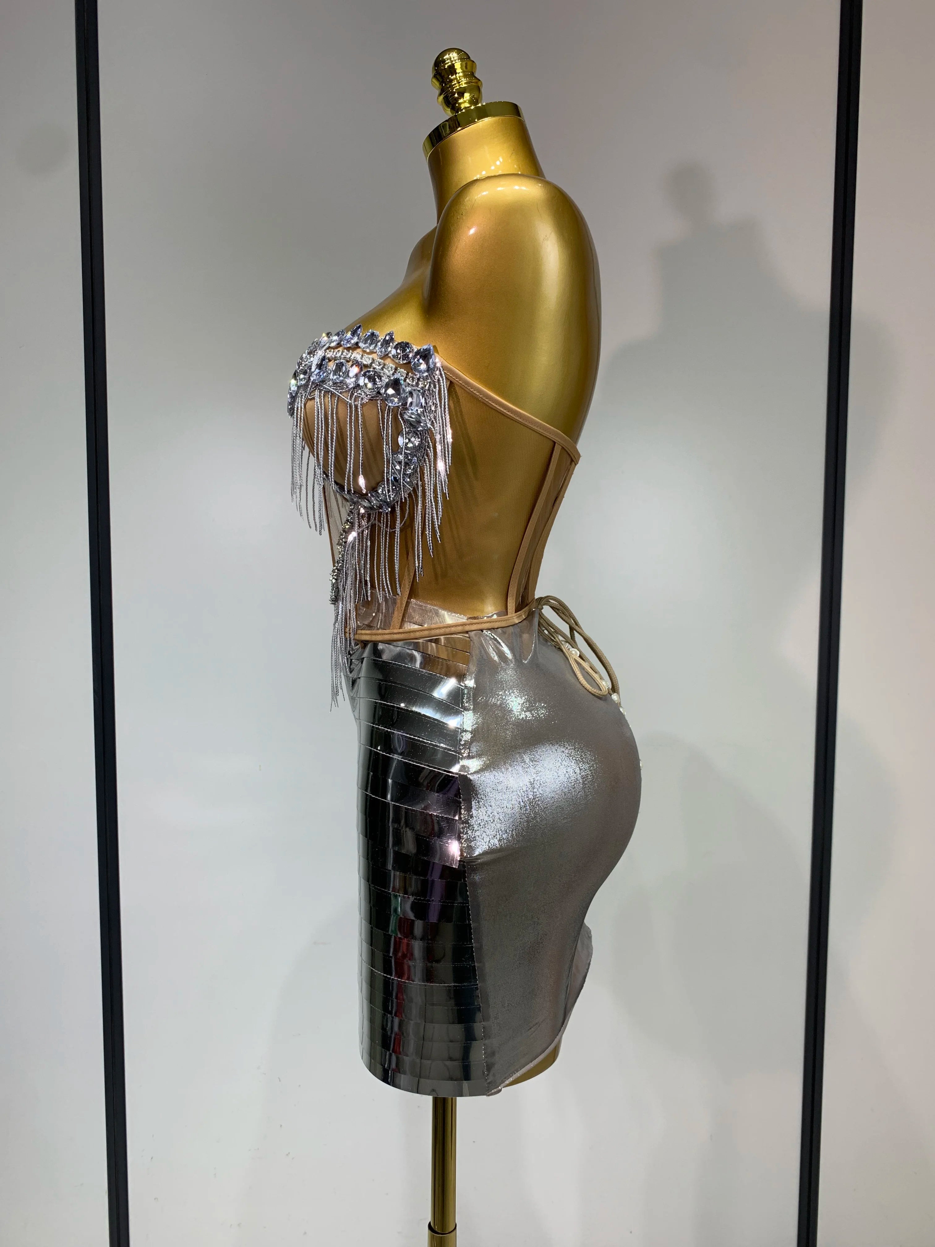 Sparkly Sliver Rhinstones tassels Top Skirt Two Piece Set Women Sexy Strapless Nightclub Birthday Evening Party Stage Outfit