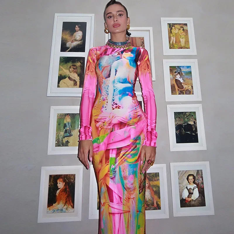 Sunny Multi Color Patchwork Print Long Sleeve Standing Neck Bodycon Dresses Lady Luxury Elegant Carnival Party Club Sexy Dress